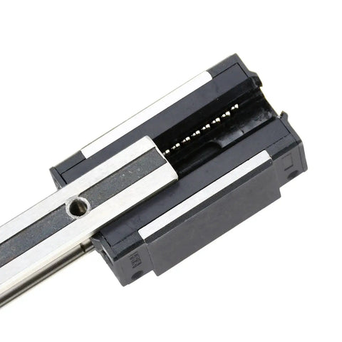 Close-up of 500mm Linear Rail Kit with two guide rails and four carriage blocks for CNC machines, pro grade, low noise