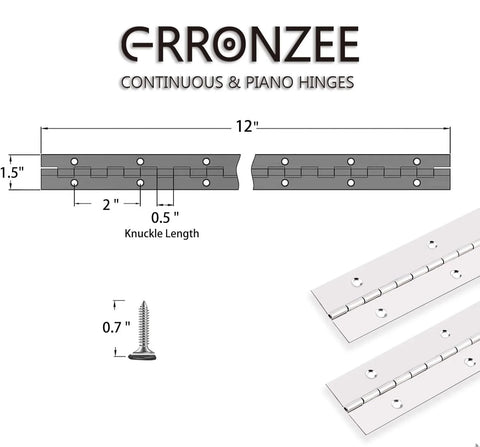 Diagram and close-up of 2 Pack 12 Inch By 1.5 Inch Stainless Steel Piano Hinges Continuous Heavy Duty Hinges With 0.04 Inch Leaf Thickness, 0.5 Inch Knuckle Length, screws included, Premium 304 Stainless Steel, Rust Proof, Polished Finish