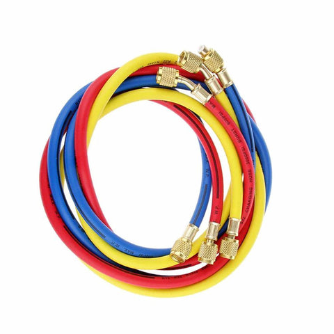 ANTFEES AC charging hose set, three 72-inch refrigerant hoses in red, blue and yellow with brass fittings.