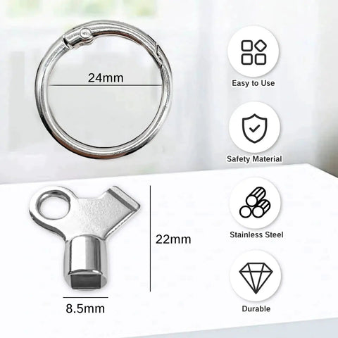 Three Pack Radiator Bleed Key Set With Durable Metal Handle For Home Radiator Air Valves Bleeding Old Radiators Made Easy No Fuss Tool For Quick Maintenance And Repairs BRBASAP Quality. Stainless steel key and ring with size measurements in mm.