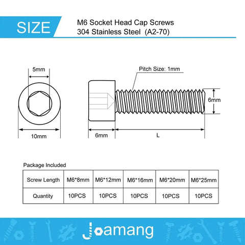 Diagram showing dimensions of Beefy M6 Socket Head Cap Screws Set in 304 Stainless Steel, Fully Threaded, Bright Finish, Metric Allen Hex Drive