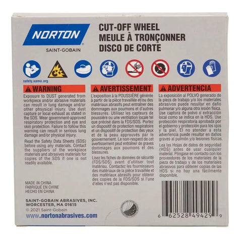 Back packaging of Aggressive Four And A Half Inch Cut Off Wheels Pack Of Five For Angle Grinders with warnings and instructions.