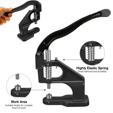 Heavy duty cast iron hand press from All In One Grommet Press Kit. Includes three die sets and 3000 eyelets for grommet installation.