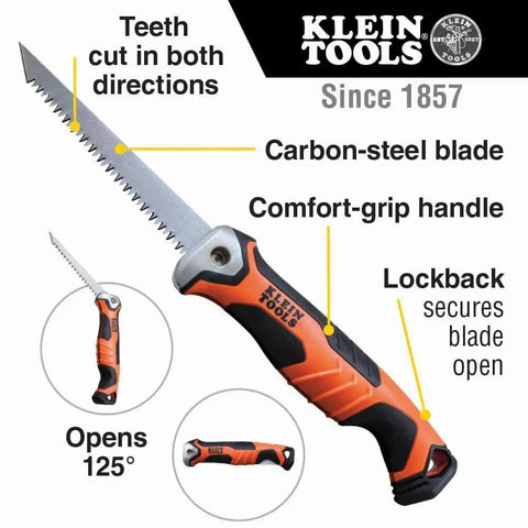 Heavy Duty Folding Jab Saw With Lockback For Drywall with open carbon steel blade, comfort-grip handle, and dual direction cutting.