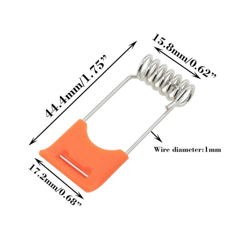 Close-up of a 12 Pack Recessed Ceiling Light Accessory Tube Spring Clip with orange handle and measurements, for LED downlights.