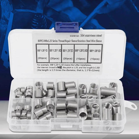 Stainless Steel Spiral Threaded Inserts Kit For M8x1.25 Helical Thread Insertion, 80 Piece Set in open plastic case