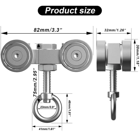Four Wheel Unistrut Trolley Assembly Kit with Silent M10 Bolt and Nuts, dimensions labeled for 1-5/8 inch strut channel installation