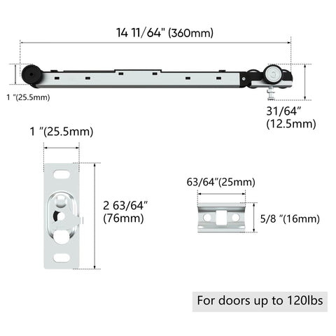 Workhorse Pocket Door Roller Kit With Soft Close, 120 Lbs Capacity, dimensions and components view
