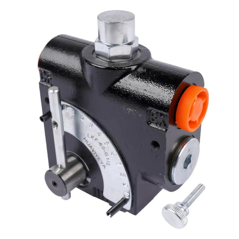 Hydraulic Adjustable Flow Control Valve With Relief For One Half Inch NPT, 30 GPM, side view with ball spring relief port