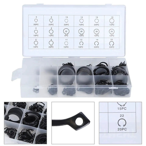External Circlip Snap Retaining Clip Kit With 2Mm To 32Mm Range, 300Pcs, shown in open case with various sizes visible.