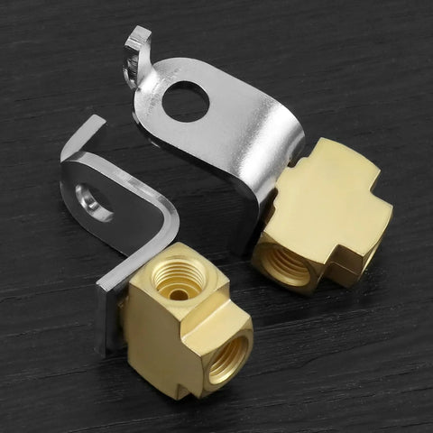 QWORK brass 3-way female brake line tee connector set with mounting bracket, 4 pcs