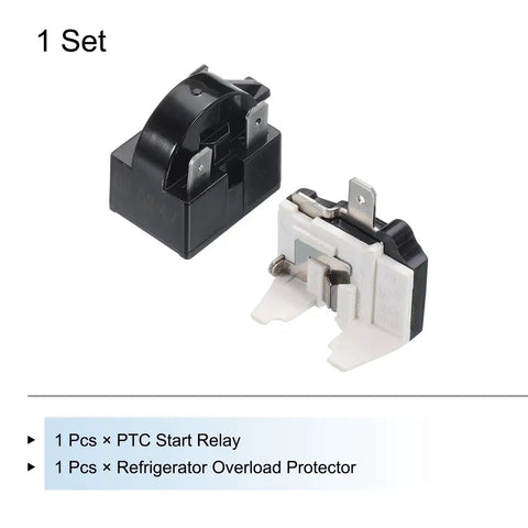 Refrigerator PTC Starter Relay With 3 Pin 4.7 Ohm Overload Protector, showing the 1/2 HP components in black and white
