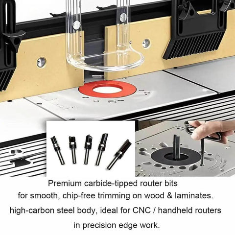 Five Piece Top Bearing Flush Trim Router Bit Set With Carbide Tipped 1/4 Inch Shank For Pattern And Template Routing