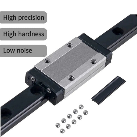 Close-up of 4 Pack MGN12 500mm Linear Rail Guide Kit with 4 MGN12H Bearing Carriages, highlighting high precision and low noise features.