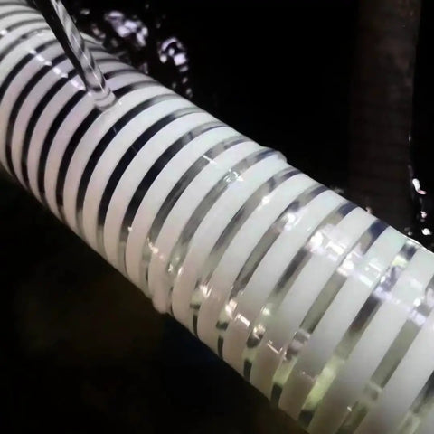 Close-up of 1.5 Inch Pool Replacement Hose for Above Ground Pools, Flexible PVC Vinyl, showing spiral ribbing and UV resistant material