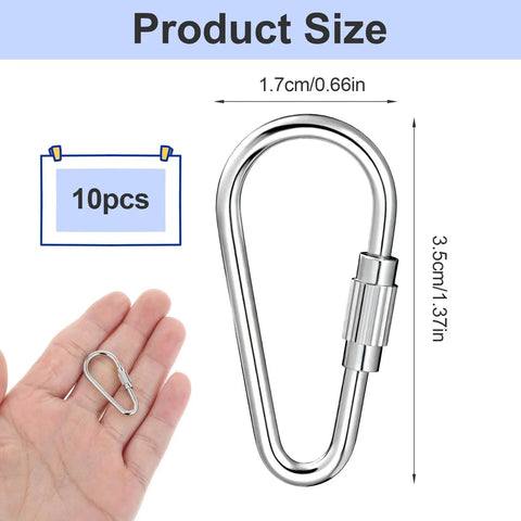 10 Pieces Heavy Duty Stainless Steel Quick Link Locking Carabiners For Keychains And Cages size comparison with hand