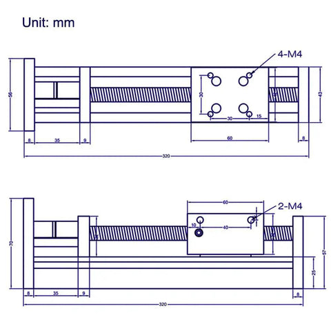 Technical drawing of 200mm Linear Rail Guide System Workhorse with SFU1605 Ballscrew and Nema 17 Stepper Motor for DIY CNC Router