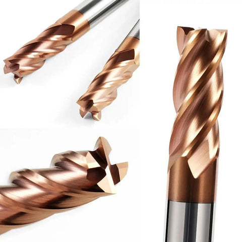 Close-up of Eight Piece Carbide Square End Mill Set Two To Twelve Mm Beefy Four Flute Micro Grain Cutters for Alloy and Hardened Steels