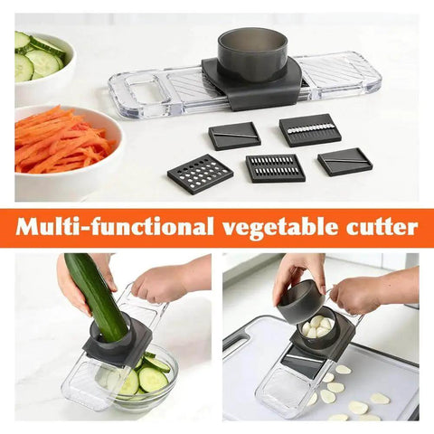 Six In One Mandoline Slicer With Adjustable Blades And Safe Hand Guard for slicing veggies like cucumbers and garlic.