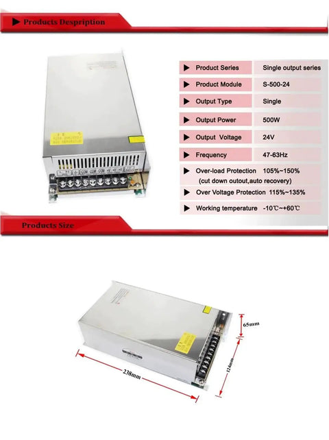Product image of Powerful 500W 24V 20A Single Output Switch-Mode Power Supply LED SMPS Driver With Stable Regulation And Overload Protection S-500-24, showing dimensions and specifications chart.