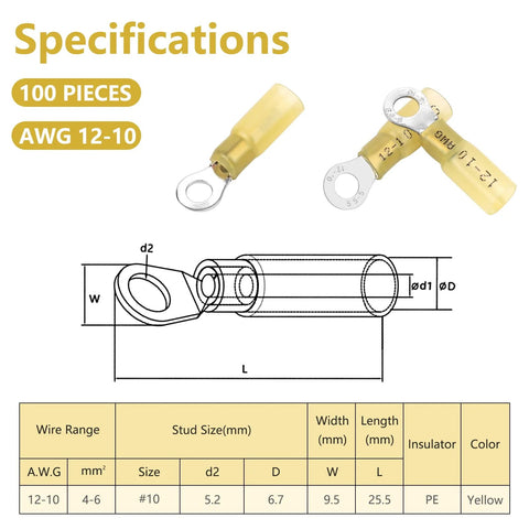Heat shrink ring terminal, yellow insulated, AWG 12–10, 100 pcs, eyelet connector for automotive and marine use