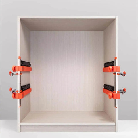 Drawer Slide Jig Kit With Magnetic Arm Punch Locator for effortless cabinet hardware alignment installed in empty cabinet.