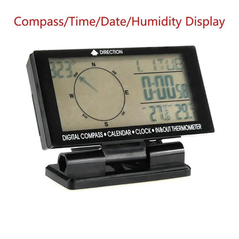 Front view of Digital Car Thermometer with Blue Backlight Compass Clock and Large LCD Display showing compass and temperature readings.