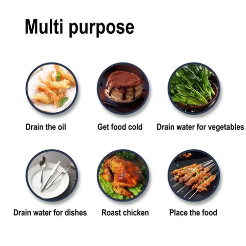Images showing various uses of Small Stainless Steel Serving Trays with Cooling Wire Racks Set 304 Grade for cooking and draining foods.