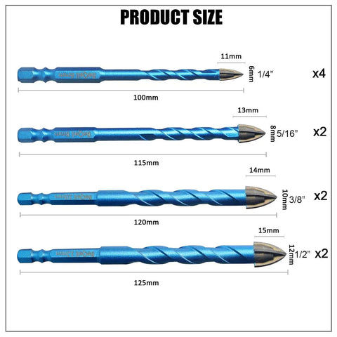 Product size chart of 10 Piece Masonry Diamond Drill Bit Set With Quick Change Shanks For Concrete Wood Plastic Brick Ceramic Tile BeQell Carbide Tip Core Bits One Quarter To One Half Inch Range RPM 2000 To 5000 DIY Friendly Gift For Weekend Warriors.