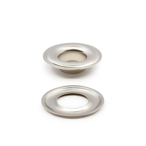 Close-up of nickel finish grommets from Three Eighths Inch Grommets With Setting Tool Kit, Nickel Finish, 72 Sets