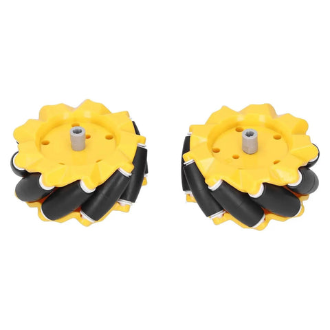 Two yellow 80mm Mecanum Wheel Omnidirectional Robot Car Parts For DIY Projects, featuring durable rubber-coated rollers for smooth rotation.