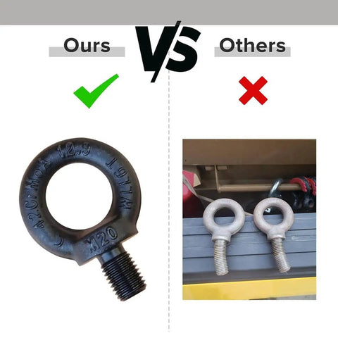 Comparison of 12.9 Heavy Duty Lifting Eyebolt For Trucks And Trailers Beefy 6 Ton vs generic eyebolts, showing differences in quality and finish.