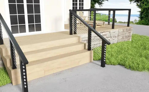 Outdoor stairway with 20 Pack Three Eighths Inch ID Angle Washers For Cable Railing Stair Ends, Stainless Steel 30-Degree Beveled Washers.