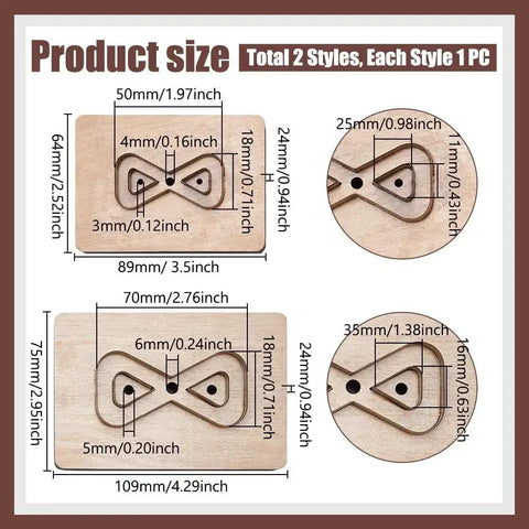 Leather Cutting Die Set 2 Piece 2 Styles With Wooden Die Molds Sharp Steel Blades Wallet Punching Dies And DIY Craft Stamping Tool On Smooth Wooden Base with dimensions