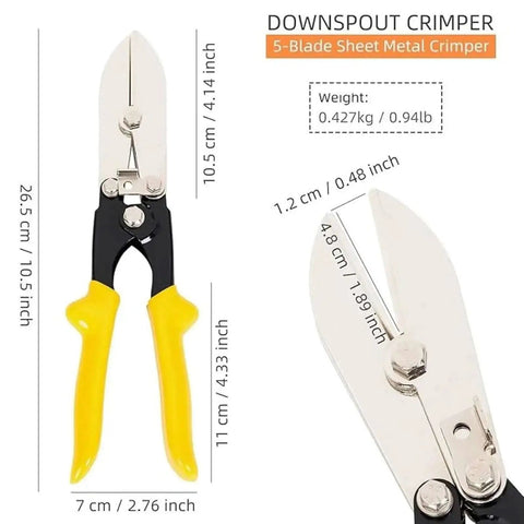 Heavy Duty Duct Crimping Tool For 24 To 28 Gauge Sheet Metal Pro Grade Five Cutter Gutter Crimper shown with dimensions