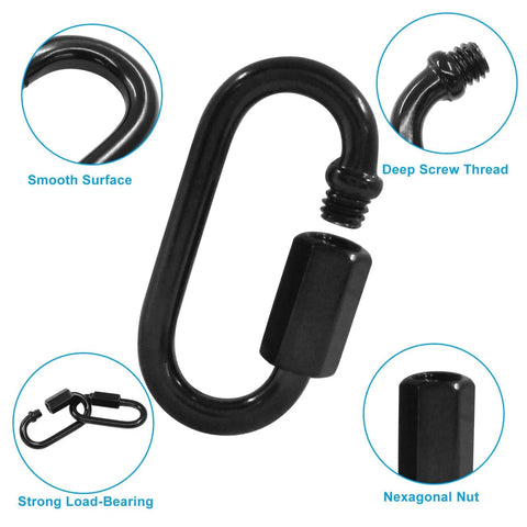 M3.5 Black Quick Link Chain Connector Set, heavy duty one eighth inch link with metal carabiner screws, durable alloy for chandeliers and outdoor use.