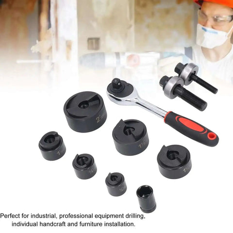 Heavy Duty Ratchet Knockout Hole Punch Driver Kit For Sheet Metal And Electrical Installations, tool set with punch sizes and ratchet wrench displayed
