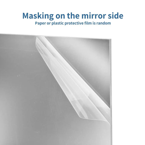Close-up of Five Pack 12x12 Inch Silver Mirrored Acrylic Sheets One Eighth Inch Thick with protective film partially peeled.