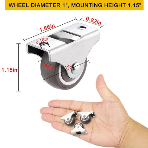 4 Pcs Mini Rigid Caster Wheels 1 Inch Low Profile Rubber Rolling Wheels With Steel Top Plate Non Swivel shown in hand