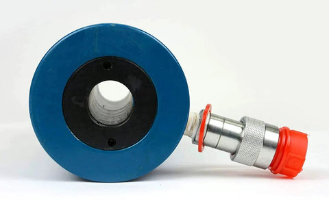 Hollow Hydraulic Cylinder Ram 30 Ton, 4 Inch Stroke, 10000 PSI, Quick Coupler, side view with blue casing.