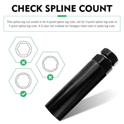 Diagram showing Big Six Spline Lug Nut Socket for 6-point lug nuts with visual compatibility guide.