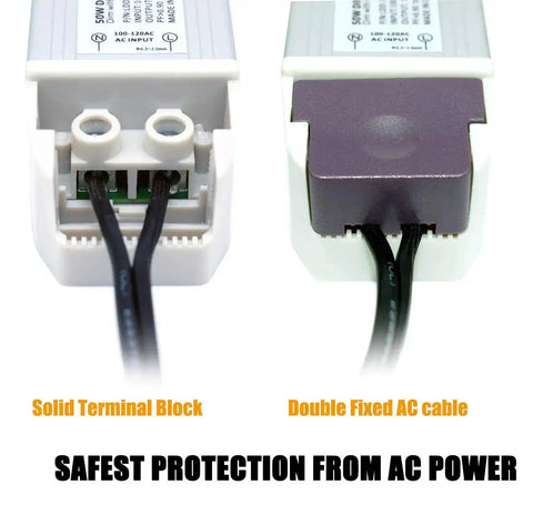 Close-up of 30W Dimmable LED Driver Power Supply From 120V AC To 24V DC Magnetic Transformer connections.