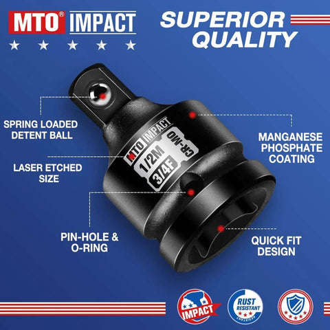 Close-up of a 2 Piece 3/4 Inch Female To 1/2 Inch Male Impact Socket Adapters Set, 3/4 Inch Drive Reducer, with labels detailing features.
