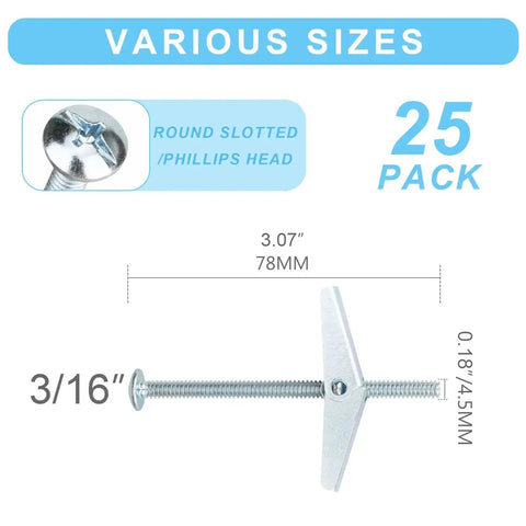 Image of Heavy Duty Drywall Anchors And Screws Kit With Toggle Bolts And Wing Nuts For Hanging Lamps And Heavy Stuff 25 Pack Three Sixteenth Inch Assortment Set For Solid Mounts showing a 3/16 inch toggle bolt with dimensions.