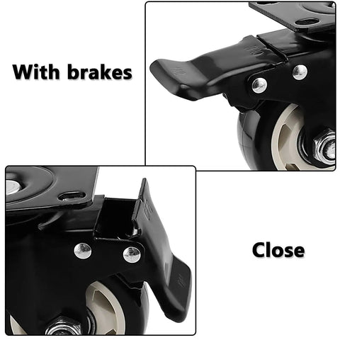 Close-up of eight 3 inch swivel caster wheels set with plate mount heavy duty double ball bearing casters, showing locking mechanism