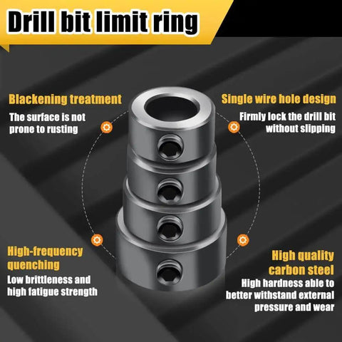 Depth Stop Drill Bit Set With Nine Pieces And Allen Wrench By Tiosamd, Pro Grade Premium High Carbon Steel Stop Collar Rings depicted.