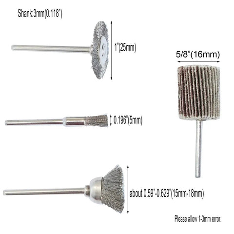69 Piece Rotary Tool Buffing Wheel And Wire Brush Set With 3mm Shank For Dremel And Other Grinders, showing side view of tools with dimensions.