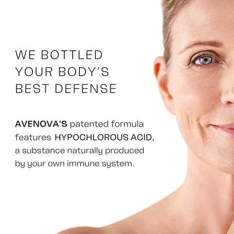 Close-up of a woman's face alongside text about hypochlorous acid in eyelid and eyelash cleanser spray for gentle eye care.