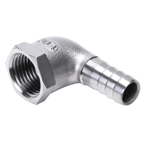 Stainless steel 90-degree elbow with 1/2 in hose barb and 1/2 in female NPT