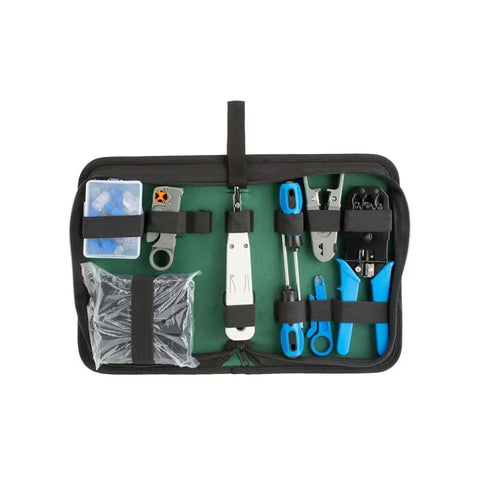 Open view of Pro Grade Network Tool Kit For Cat Five Cable Installation And Maintenance with carbon steel tools and connectors.